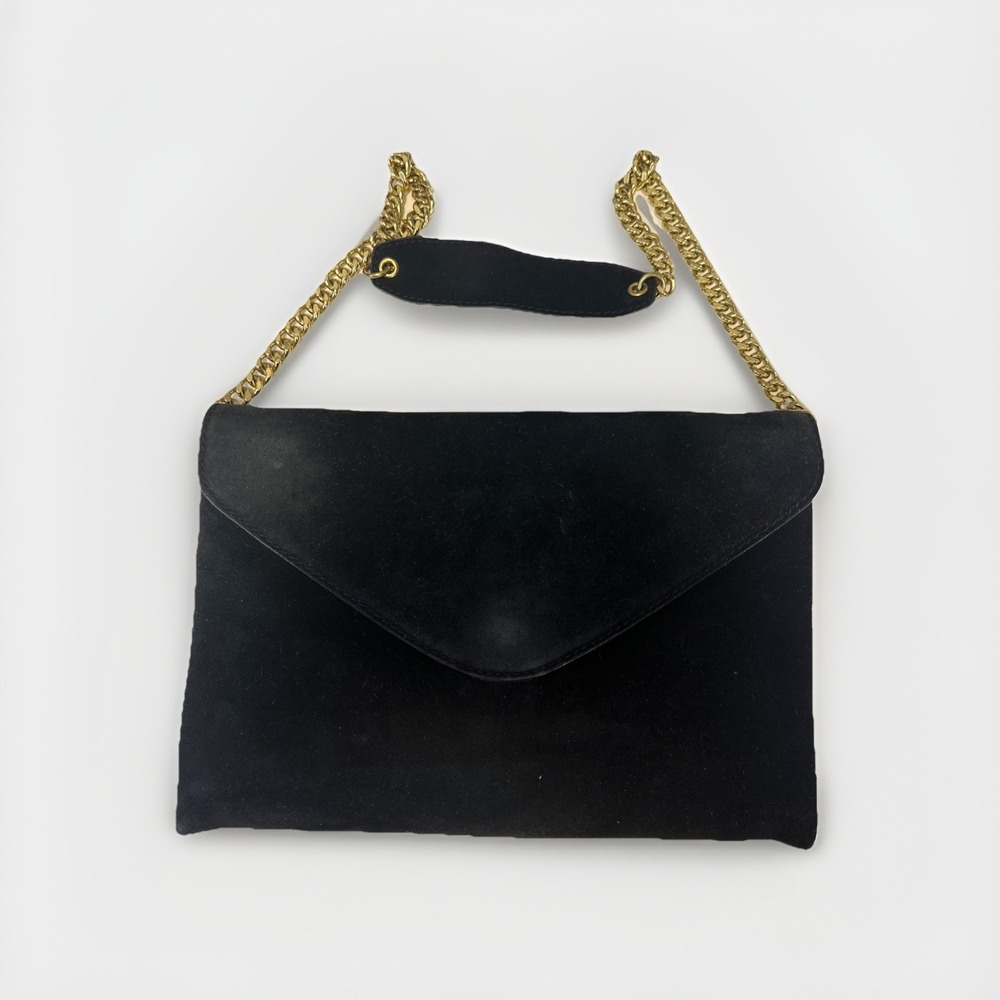 J Crew Suede Texture Leather Gold Toned Chain Clutch Shoulder Bag Black